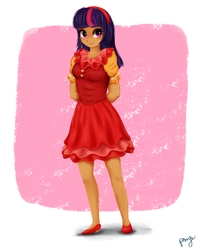 Size: 1624x2000 | Tagged: safe, artist:cosmicponye, twilight sparkle, human, friendship is magic, g4, clothes, cute, dark skin, dress, female, humanized, moderate dark skin, short dress, solo, too poofy