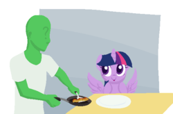 Size: 536x352 | Tagged: safe, artist:furseiseki, twilight sparkle, oc, oc:anon, alicorn, human, pony, g4, :>, bacon, excited, female, happy, mare, omnivore twilight, pixel art, ponies eating meat, skillet, smiling, spatula, spread wings, tongue out, twilight sparkle (alicorn)