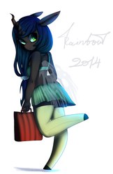 Size: 1330x2048 | Tagged: safe, artist:yukomaussi, queen chrysalis, changeling, changeling queen, anthro, g4, clothes, cute, cutealis, female, shopping, simple background, skirt, socks, solo, white background, zettai ryouiki