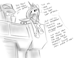 Size: 1070x841 | Tagged: safe, artist:alloyrabbit, princess celestia, alicorn, pony, g4, bitchlestia, crossover, dialogue, eye contact, female, grin, lidded eyes, looking at each other, mare, monochrome, optilestia, optimus prime, prone, simple background, size difference, sketch, smiling, smirk, speech bubble, transformers, trollestia, white background