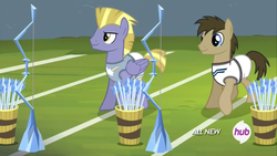 Size: 1024x576 | Tagged: safe, screencap, doctor whooves, stormbreaker, time turner, earth pony, pegasus, pony, equestria games (episode), g4, equestria games, hub logo, ice arrows, male, stallion