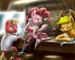 Size: 1280x1024 | Tagged: safe, artist:88shyguy, applejack, big macintosh, pinkie pie, earth pony, pony, g4, bar, bipedal, clothes, cocktail, corset, martini, microphone, shoes, stockings