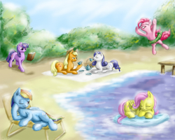 Size: 1280x1024 | Tagged: safe, artist:88shyguy, applejack, fluttershy, pinkie pie, rainbow dash, rarity, twilight sparkle, g4, beach, mane six, tea party