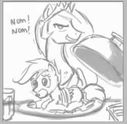 Size: 271x266 | Tagged: safe, artist:johnjoseco, princess celestia, scootaloo, alicorn, pegasus, pony, g4, apple, apple gag, female, filly, food, gag, grayscale, help me, implied cannibalism, looking at you, low quality, mare, monochrome, person as food, rope, scootachicken, tied up