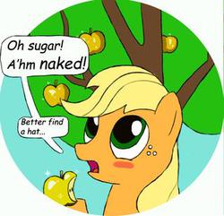 Size: 320x308 | Tagged: safe, applejack, earth pony, pony, g4, adam, apple, bible, blushing, bust, comic, cute, female, freckles, garden of eden, golden apple, karma, missing accessory, solo, tree of knowledge, we don't normally wear clothes