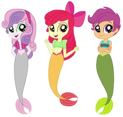 Size: 2296x2180 | Tagged: dead source, safe, artist:rebelprincess59, apple bloom, scootaloo, sweetie belle, mermaid, equestria girls, g4, belly button, cutie mark crusaders, high res, jewelry, mermaid tail, mermaidized, midriff, necklace, pearl necklace, species swap