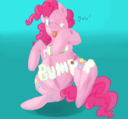 Size: 753x702 | Tagged: source needed, safe, artist:dolly, artist:twizzle, pinkie pie, earth pony, pony, g4, belly, bipedal, body writing, colored, female, foodplay, frosting, messy, one eye closed, preggy pie, pregnant, solo, wink