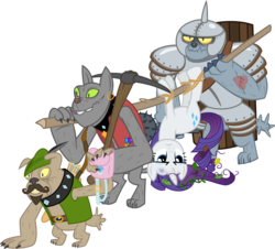 Size: 3000x2706 | Tagged: safe, artist:cheezedoodle96, fido, rarity, rover, spot, diamond dog, pony, unicorn, g4, armor, arrow, belt, bow (weapon), bruised, captured, carrying, clothes, collar, dungeons and dragons, earring, female, goatee, hat, helmet, high res, injured, leaves, mace, mare, moustache, peril, pickaxe, rarity is not amused, roleplaying, saddle bag, scene interpretation, shield, simple background, tattoo, transparent background, unamused, vector, vest