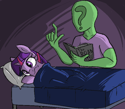 Size: 543x474 | Tagged: safe, artist:nohooves, twilight sparkle, oc, oc:anon, human, pony, g4, bed, bedtime story, book, duo, female, lying on bed, mare, reading, the road