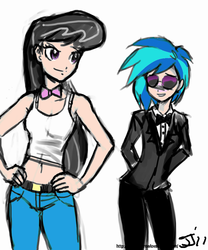 Size: 667x800 | Tagged: safe, artist:johnjoseco, dj pon-3, octavia melody, vinyl scratch, human, g4, bowtie, clothes, clothes swap, colored, hand on hip, humanized, simple background, tuxedo, white background