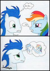 Size: 1280x1797 | Tagged: safe, artist:jacsveus, rainbow dash, soarin', g4, comic, domestic abuse, female, male, rainbow douche, ship:soarindash, shipping, straight, thought bubble, traditional art
