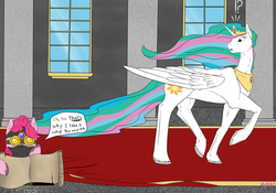 Size: 1280x896 | Tagged: safe, artist:backlash91, pinkie pie, princess celestia, g4, :o, carpet, castle, fluffy, looking back, map, night vision goggles, open mouth, pinkie spy, raised eyebrow, raised hoof, raised leg, scroll, surprised, unshorn fetlocks, wide eyes