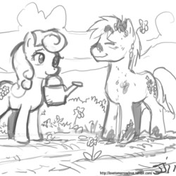 Size: 1280x1280 | Tagged: safe, artist:johnjoseco, daisy, flower wishes, goldengrape, sir colton vines iii, earth pony, pony, g4, daisygrape, duo, female, garden, grayscale, male, mare, monochrome, mouth hold, shipping, simple background, stallion, straight, watering can, white background