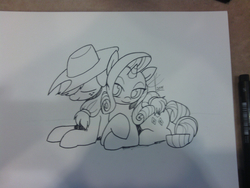 Size: 2592x1944 | Tagged: safe, artist:valcron, applejack, rarity, g4, commission, eyes closed, monochrome, traditional art