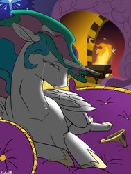 Size: 970x1280 | Tagged: safe, artist:backlash91, princess celestia, g4, bed, crown, crying, depressedia, depression, eyes closed, female, fireplace, floppy ears, missing accessory, pillow, princess celestia's bedroom, prone, sad, solo