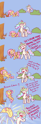 Size: 1383x4127 | Tagged: safe, artist:poptart36, fluttershy, princess celestia, squirrel, g4, banana, banana magic, bananalestia, bananashy, comic, dialogue, duo, hilarious in hindsight, magic, majestic as fuck, open mouth, tasty fruit, transformation, trollestia, wat