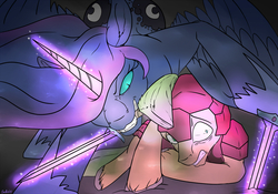 Size: 1280x896 | Tagged: safe, artist:backlash91, nightmare moon, princess luna, alicorn, pony, g4, armor, badass, crying, dual wield, duo, fear, fight, fluffy, glare, glowing horn, gritted teeth, hoof hold, horn, imminent death, magic, mouth hold, nightmare luna, scared, soldier, spread wings, sword, unshorn fetlocks, weapon, wide eyes