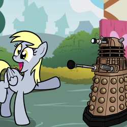 Size: 556x556 | Tagged: safe, artist:drawponies, derpy hooves, alien, pegasus, pony, g4, crossover, dalek, doctor who, female, implied doctor whooves, mare, naive, pointing, this will end in extermination, this will end in tears, this will end in tears and/or death