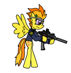 Size: 792x812 | Tagged: safe, artist:jrapcdaikari, spitfire, pony, g4, bipedal, female, gun, h&k mp7, hoof hold, mp7, simple background, solo, spread wings, sunglasses, suppressor, transparent background, vector