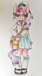 Size: 1065x1920 | Tagged: safe, artist:sk-ree, diamond tiara, earth pony, anthro, g4, arm hooves, bag, clothes, female, lace, necklace, shoes, skirt, socks, solo, traditional art, unamused