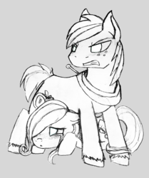 Size: 1000x1195 | Tagged: safe, artist:stawking, edit, big macintosh, fluttershy, earth pony, pony, g4, crying, male, monochrome, protecting, ship:fluttermac, shipping, sketch, stallion, straight