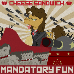 Size: 1000x1000 | Tagged: safe, artist:el_pepsicano, boneless, cheese sandwich, doctor whooves, time turner, g4, album cover, alicorn amulet, bowtie, cheese supreme cannonball surprise, cheese tyrant, flag, frown, glare, mandatory fun, military, parody, ponified, ponified album cover, propaganda, voice actor joke, weird al yankovic, wonderbolts