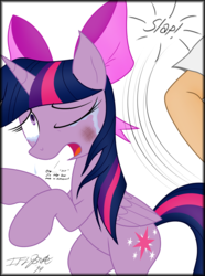 Size: 2660x3576 | Tagged: safe, artist:iflysna94, twilight sparkle, alicorn, human, pony, g4, abuse, abusive human, bow, bruised, dialogue, elbow, hair bow, hand, high res, simple background, twilight sparkle (alicorn), twilybuse, white background