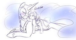 Size: 1280x678 | Tagged: safe, artist:azure-doodle, nightmare moon, oc, oc:aero ruinwing, pegasus, pony, g4, blank flank, blushing, canon x oc, colt, eyes closed, heart, male, nicemare moon, nuzzling, prone, smiling, wink