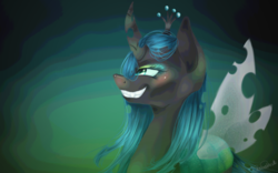 Size: 4096x2560 | Tagged: safe, artist:platinumpoinsetta, queen chrysalis, changeling, changeling queen, g4, crown, eyeshadow, fangs, female, jewelry, regalia, smiling, solo