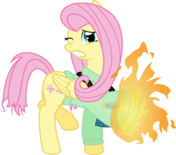 Size: 5890x5208 | Tagged: safe, artist:0nautile18e26, fluttershy, g4, absurd resolution, bioshock, bottomless, camera, clothes, crossover, devil's kiss, female, fire, incinerate!, jack ryan, partial nudity, plasmid, simple background, solo, sweater, sweatershy, transparent background, vector