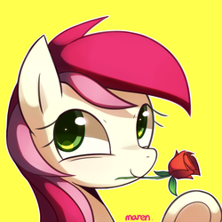 Size: 1800x1800 | Tagged: safe, artist:maren, roseluck, earth pony, pony, g4, bust, cute, female, flower, flower in mouth, looking at you, mare, mouth hold, rose, signature, simple background, solo, yellow background