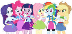 Size: 8155x3895 | Tagged: safe, artist:traveleraoi, applejack, fluttershy, pinkie pie, rainbow dash, rarity, twilight sparkle, equestria girls, g4, my little pony equestria girls: rainbow rocks, perfect day for fun, absurd resolution, bracelet, clothes, compression shorts, cowboy hat, denim skirt, freckles, group, hat, humane six, looking at each other, open mouth, simple background, skirt, smiling, stetson, transparent background, vector