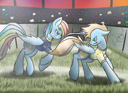 Size: 628x456 | Tagged: safe, artist:speedyandrose, rainbow dash, oc, oc:harmony star, alicorn, pegasus, pony, g4, alicorn oc, clothes, crowd, female, looking at each other, male, mare, raised leg, sports, stallion