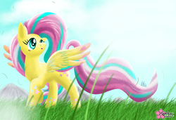 Size: 1000x685 | Tagged: safe, artist:clouddg, fluttershy, pegasus, pony, g4, female, grass, rainbow power, solo