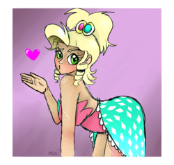 Size: 1280x1219 | Tagged: dead source, safe, artist:misspolycysticovary, applejack, human, g4, applejewel, bare shoulders, blowing a kiss, female, freckles, heart, humanized, sleeveless, solo, strapless