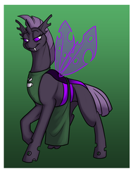 Size: 700x906 | Tagged: safe, artist:foxenawolf, oc, oc only, oc:mixxitkl, changeling, fanfic:conversations in a canterlot café, apron, clothes, fanfic art, gradient background, purple changeling, solo