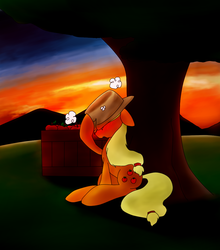 Size: 881x1000 | Tagged: safe, artist:pw211, applejack, g4, female, sitting, solo, sunset, tree