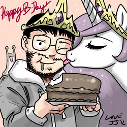 Size: 800x800 | Tagged: safe, artist:johnjoseco, princess celestia, human, slug, ask princess molestia, princess molestia, g4, birthday, cake, happy birthday, kissing, slugbox