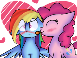 Size: 1340x1000 | Tagged: safe, artist:lejose, pinkie pie, rainbow dash, g4, blushing, cute, dashabetes, female, heart, lesbian, licking, ship:pinkiedash, shipping