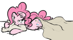 Size: 1071x583 | Tagged: safe, artist:mostazathy, pinkie pie, earth pony, pony, g4, blanket, cute, diapinkes, female, mare, one eye closed, pillow, prone, simple background, sleepy, solo