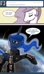 Size: 600x1005 | Tagged: safe, artist:johnjoseco, princess celestia, princess luna, alicorn, pony, ask princess molestia, gamer luna, princess molestia, g4, armor, comic, crossover, mass effect, mass effect 3, n7 armor