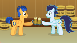 Size: 3840x2160 | Tagged: safe, artist:flashlighthouse, flash sentry, soarin', g4, barrels, cider, friends, high res