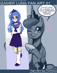 Size: 850x1082 | Tagged: safe, artist:applestems, artist:johnjoseco, princess luna, human, ask princess molestia, gamer luna, g4, clothes, cute, gamer luna fan art, humanized, lunabetes, schoolgirl, younger