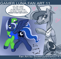 Size: 1000x964 | Tagged: safe, artist:johnjoseco, artist:sweetypiethefox147, princess luna, ask princess molestia, gamer luna, g4, cosplay, crossover, gamer luna fan art, luigi, male, super mario, the super mario bros. super show!