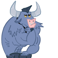 Size: 480x480 | Tagged: safe, artist:songoharotto, iron will, minotaur, g4, angry, cute, fine art parody, madorable, male, necktie, nose piercing, nose ring, piercing, septum piercing, simple background, solo, the thinker, white background, willabetes