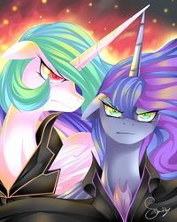 Size: 800x1000 | Tagged: safe, artist:the0ne-u-lost, princess celestia, princess luna, g4, angry, clothes, evil, evil celestia, evil luna, evil sisters, floppy ears, glare, looking at you