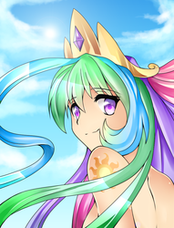 Size: 762x1000 | Tagged: safe, artist:the0ne-u-lost, princess celestia, human, g4, cleavage, female, humanized, long hair, looking at you, smiling, solo