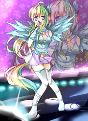Size: 762x1048 | Tagged: safe, artist:the0ne-u-lost, rainbow dash, human, g4, clothes, eared humanization, female, humanized, microphone, singing, skirt, solo, tailed humanization, winged humanization