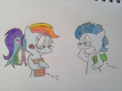 Size: 1024x768 | Tagged: safe, artist:prjc1116, rainbow dash, soarin', pony, g4, bipedal, blushing, book, female, glasses, male, ponytail, ship:soarindash, shipping, straight, traditional art