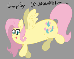 Size: 571x453 | Tagged: safe, fluttershy, food pony, original species, g4, bloop, female, flying, i dont even, sausage, sausage pony, solo